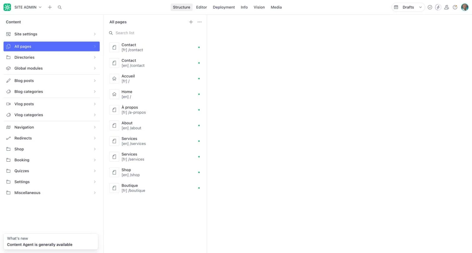 The All pages list on a bilingual site, with each page shown in English and French, marked en or fr