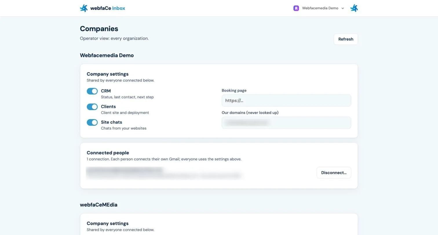 Company settings shared by everyone, with switches for CRM, Clients and Site chats, a booking page and your domains, and below it the Connected people list