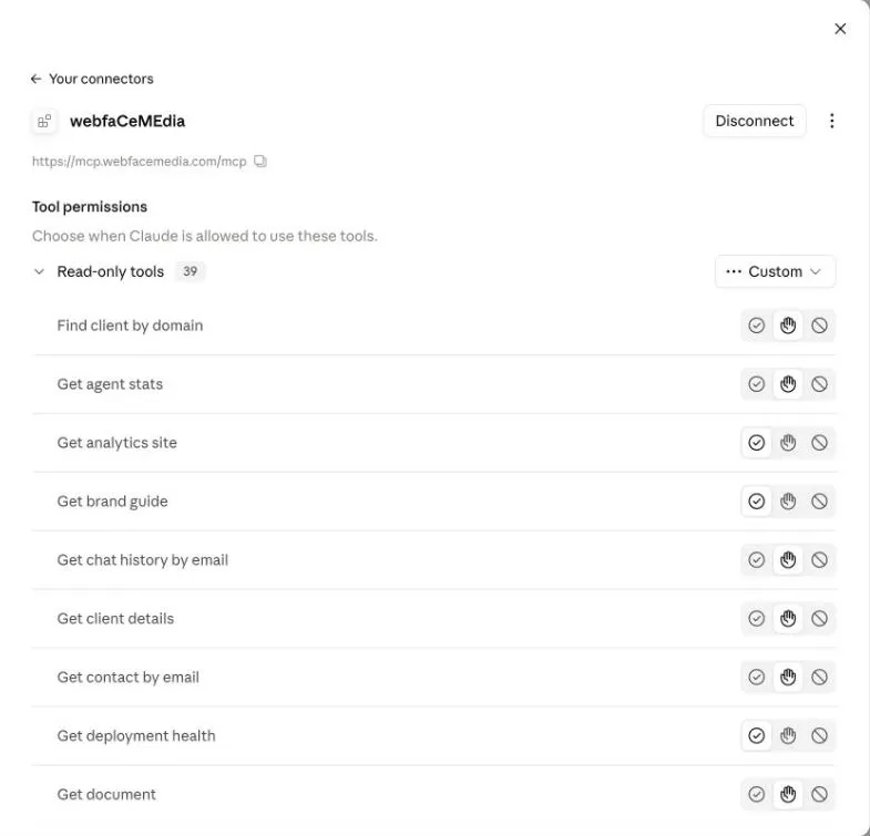 The webfaCeMEdia connector in claude.ai, showing the connector address and the Tool permissions list with a choice for each tool