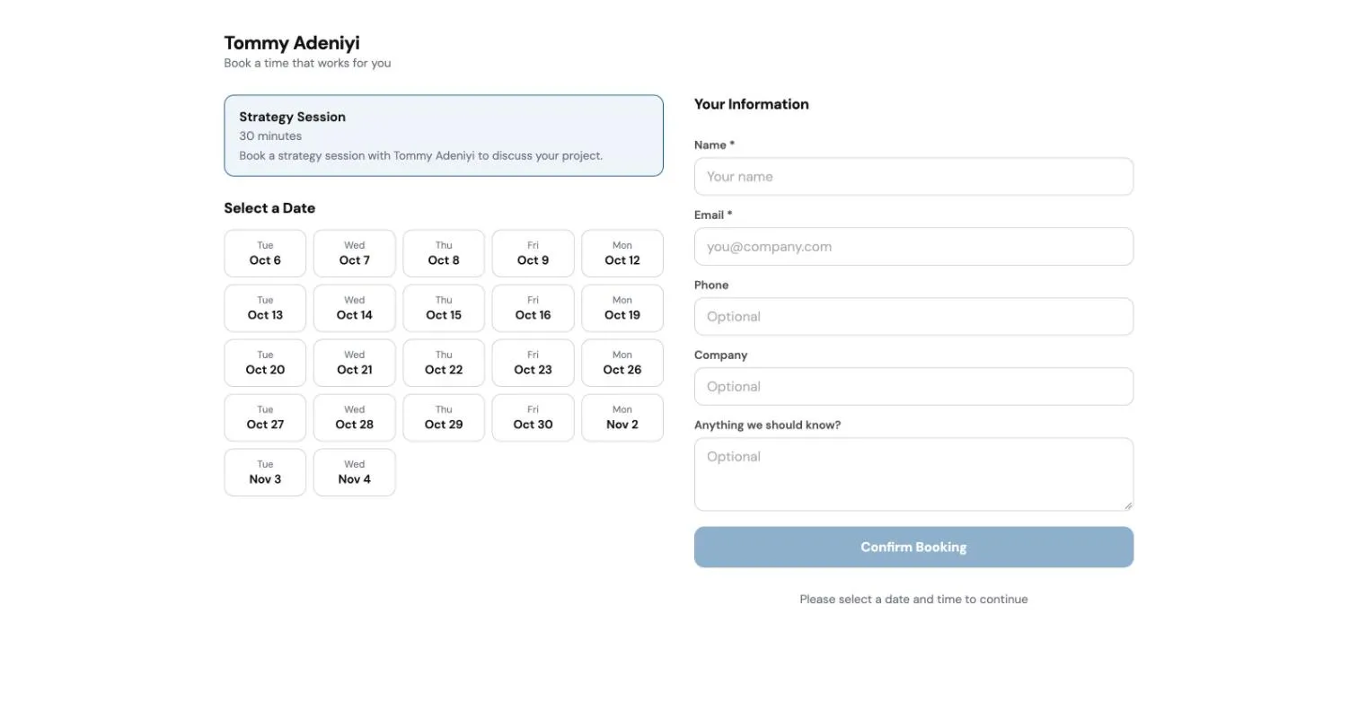 A booking page with the meeting type at the top left, a grid of dates to choose from, and the visitor’s information form on the right