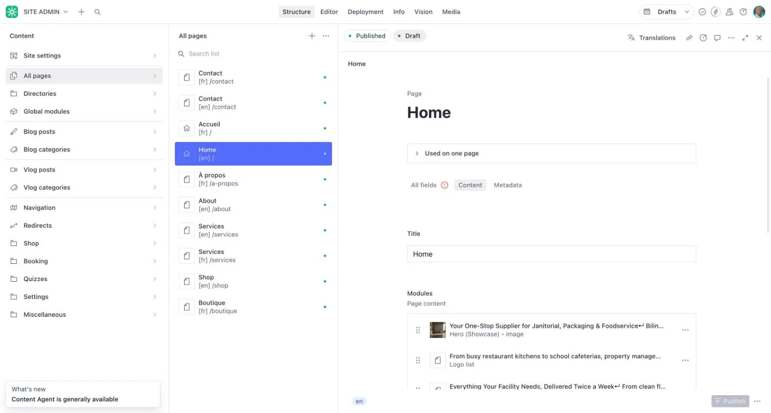 A page open in the Structure view, with the list of pages on the left and the page title and its modules on the right