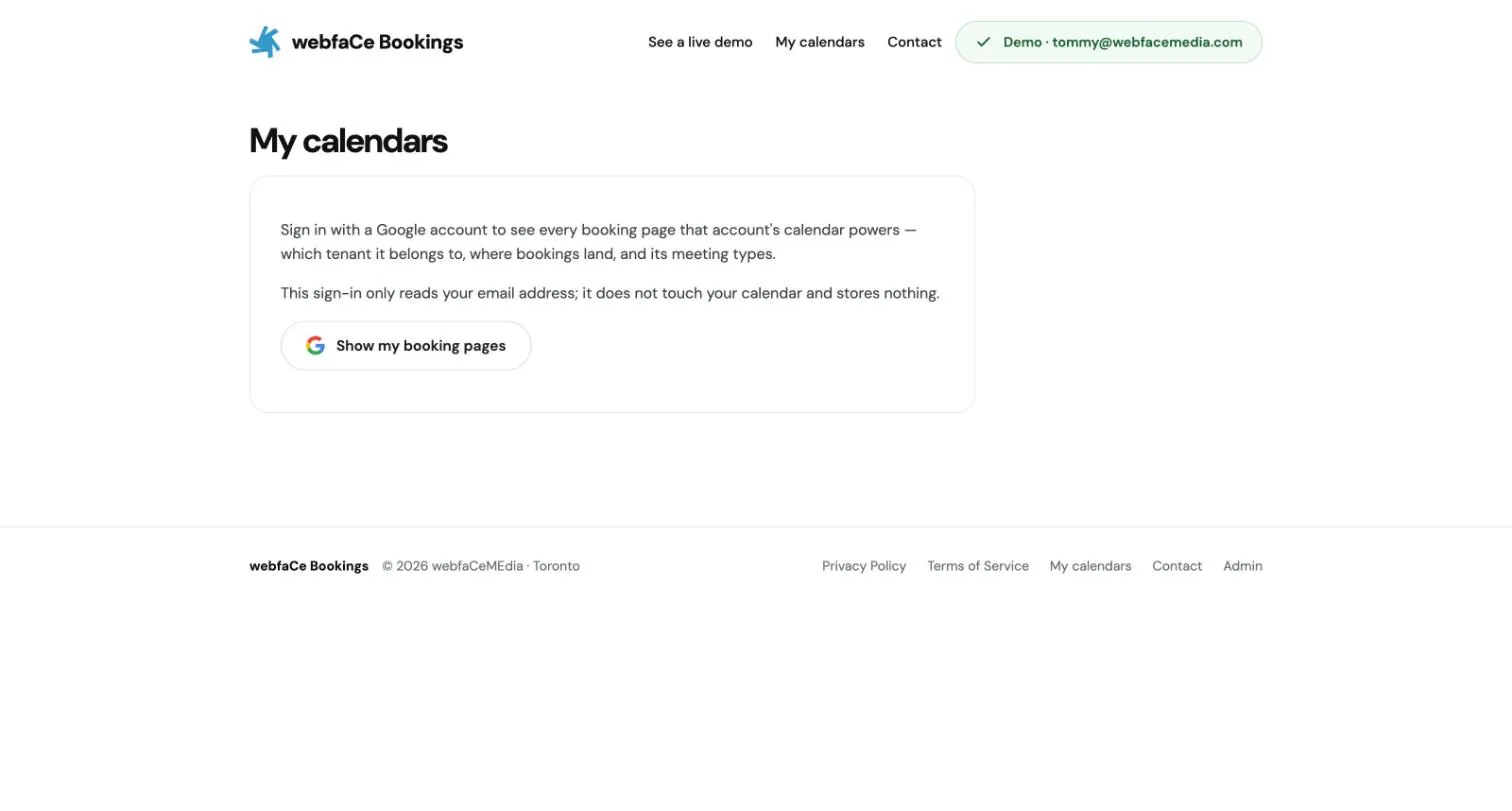 The My calendars page with a Show my booking pages button
