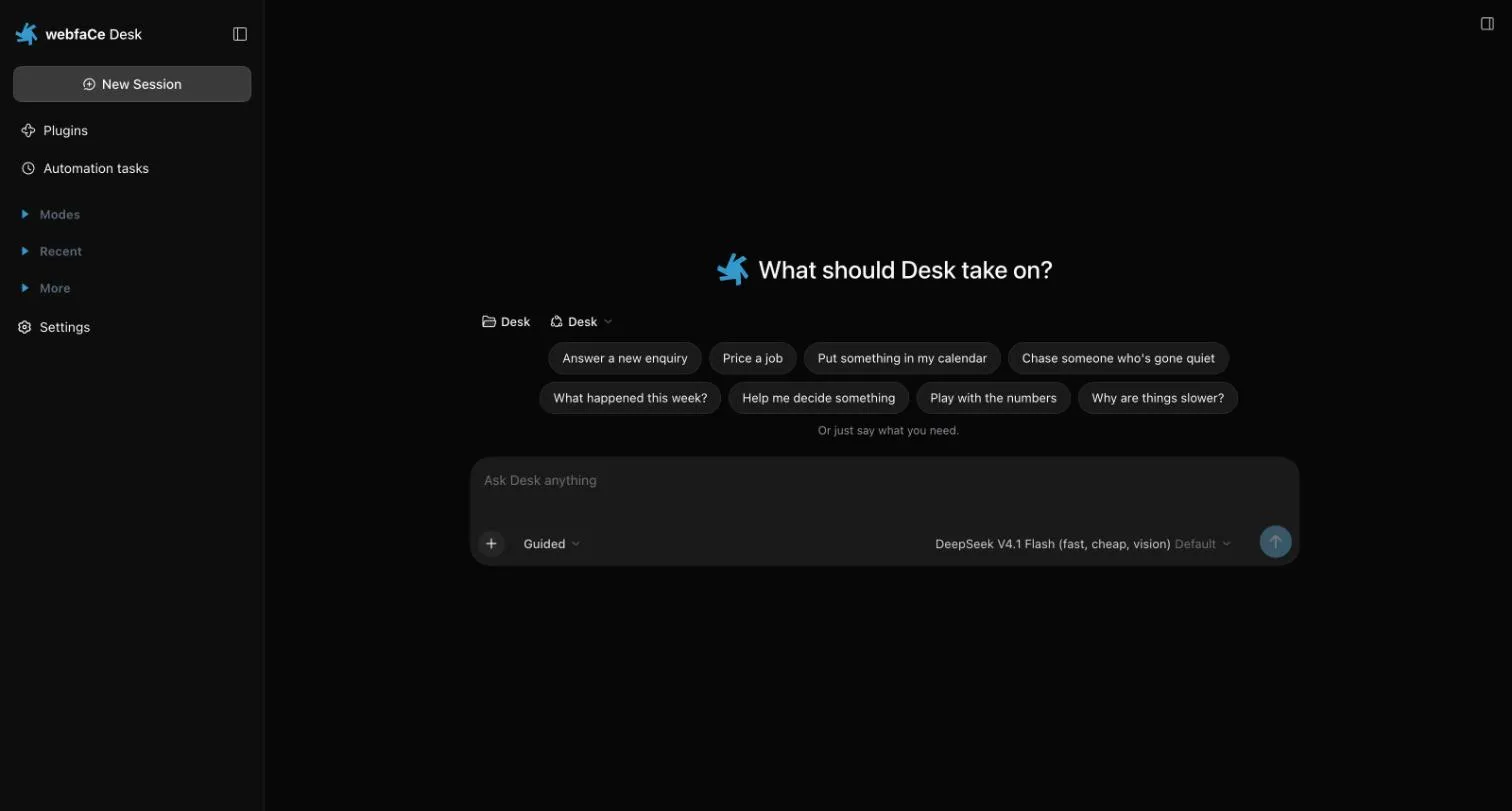 The Desk opening screen asking “What should Desk take on?”, with job cards below the question and a message box underneath