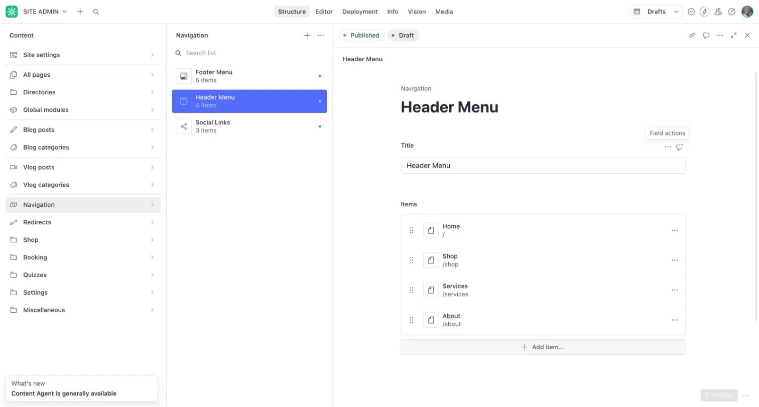 The Header Menu open for editing, listing Home, Shop, Services and About with an Add item button