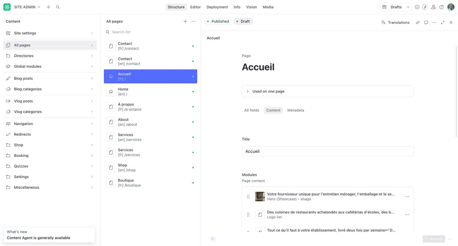 The French homepage, Accueil, open in the editor with its sections in French