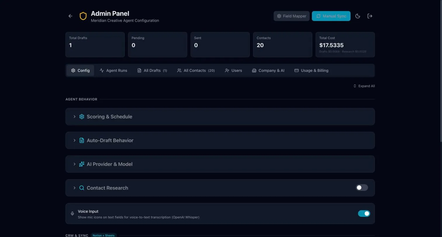 The Admin panel with totals across the top, the Config, Agent Runs, All Drafts, All Contacts and Users tabs, and Config sections such as Scoring & Schedule and Auto-Draft Behavior