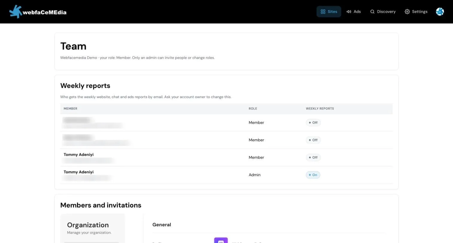 The Team page showing the Weekly reports list with each member’s name, role and whether their reports are On or Off