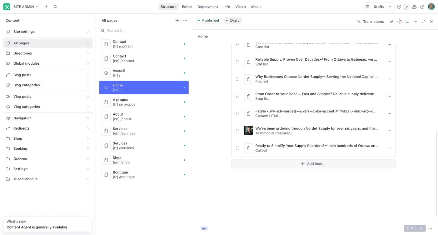 The Modules list of a page, showing each section with its type, such as Stat list, Step list, Testimonial and Callout