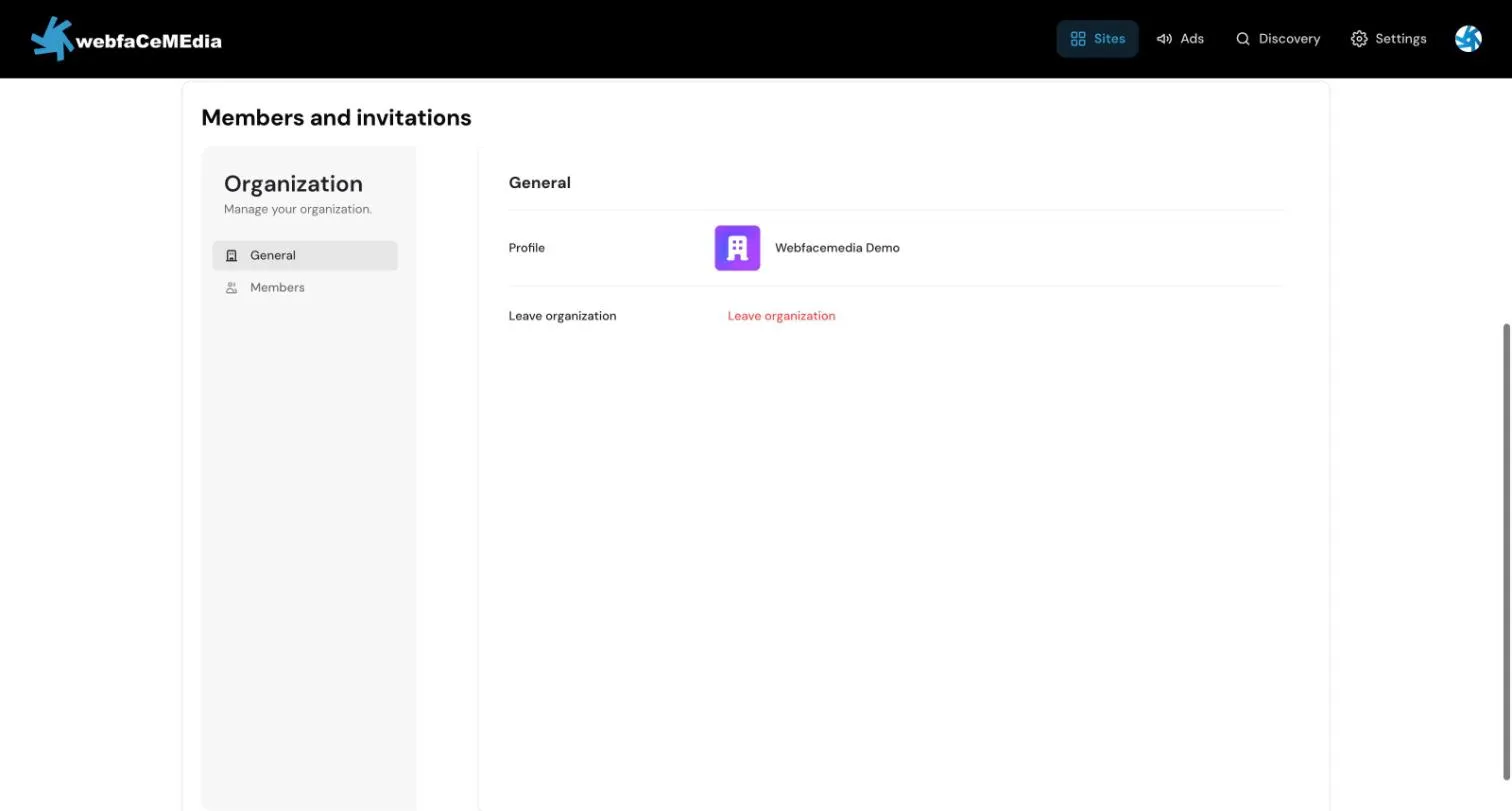 The Members and invitations panel with Organization settings, General and Members tabs, and a Leave organization option