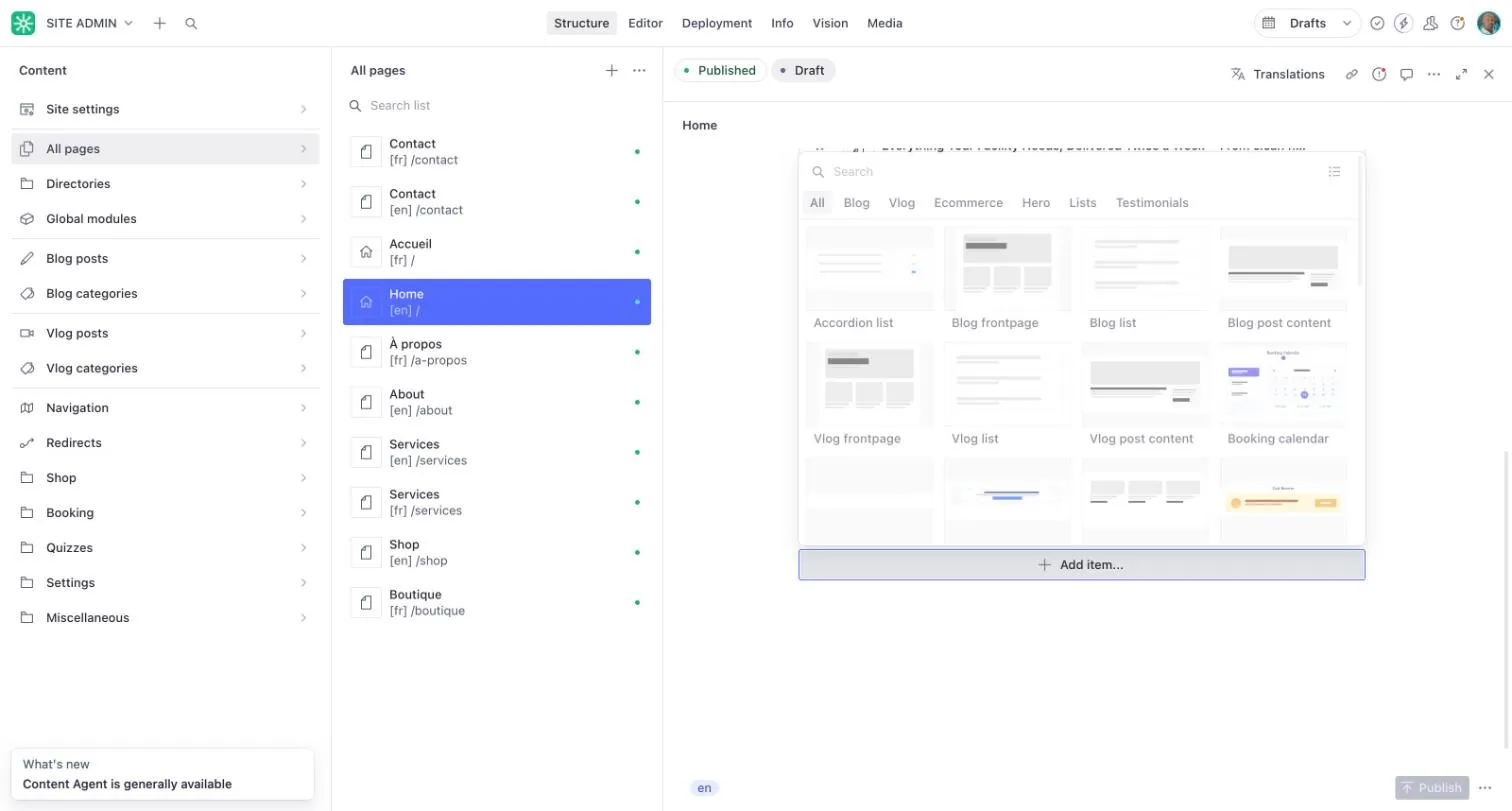 The Add item picker showing section types such as Accordion list, Blog list and Booking calendar, with tabs to filter them