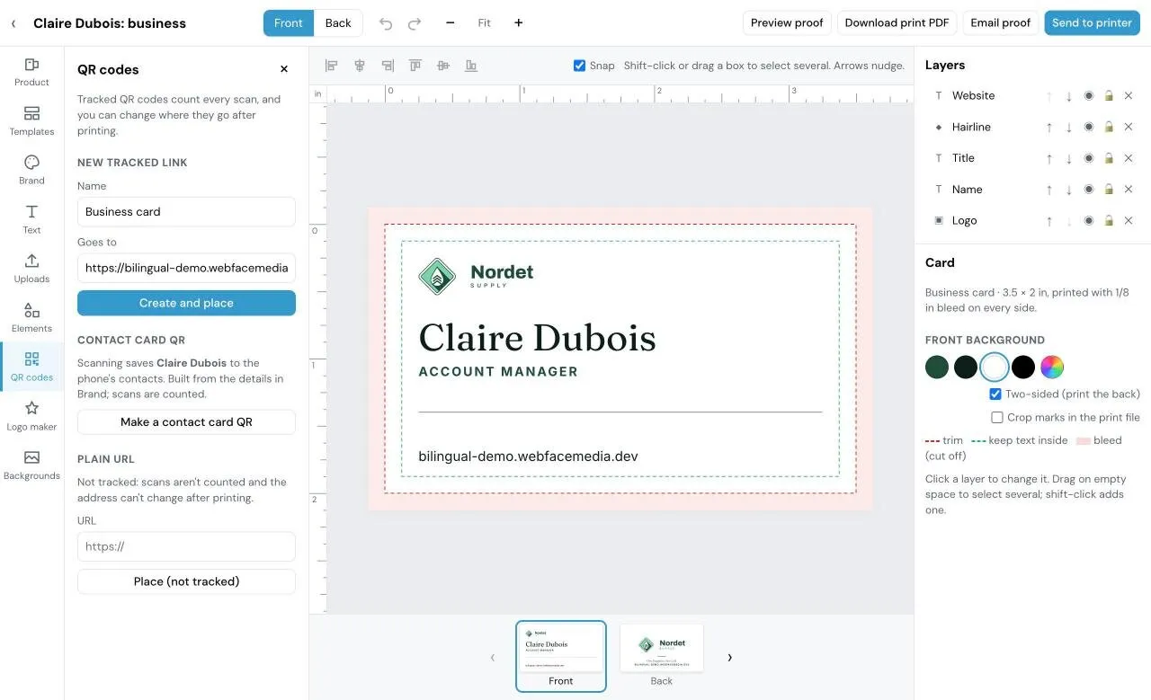 Card Studio with the QR codes panel open: the New tracked link form (Name, Goes to, Create and place), Contact card QR with Make a contact card QR, and Plain URL with Place (not tracked)