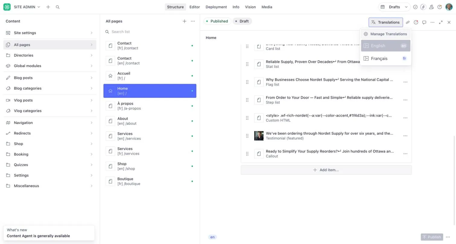 The Translations menu on a page, listing English and Français