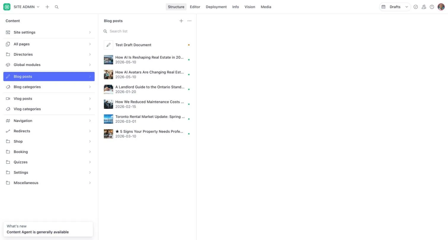 The Blog posts list showing each article with its picture and date