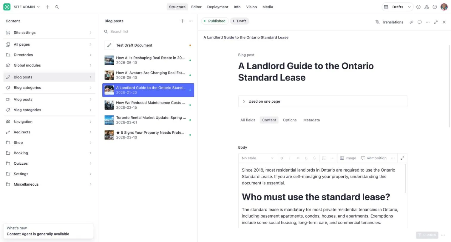 A blog post open for editing, with its title and the Body text editor