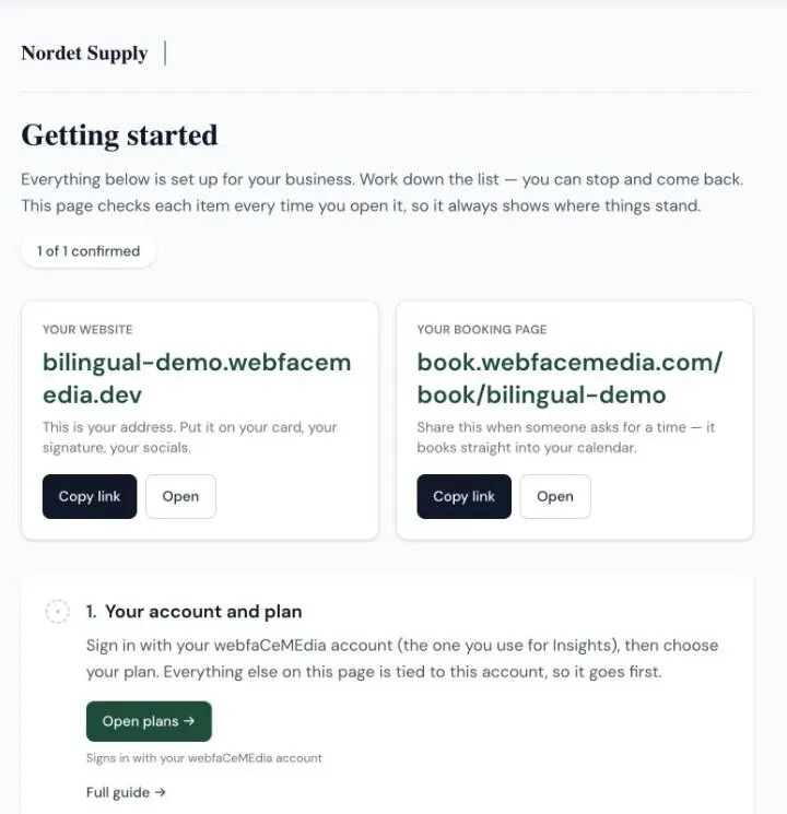 The top of a Getting started page: the business name, how many items are confirmed, your website address and booking page with Copy link and Open buttons, then step 1, Your account and plan