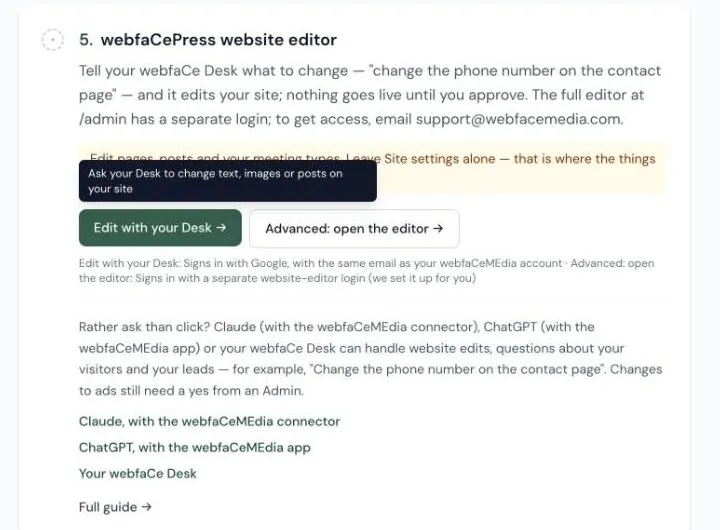 The webfaCePress website editor step: hovering Edit with your Desk shows “Ask your Desk to change text, images or posts on your site”, and the line under the buttons says Edit with your Desk signs in with Google and the editor uses a separate website-editor login